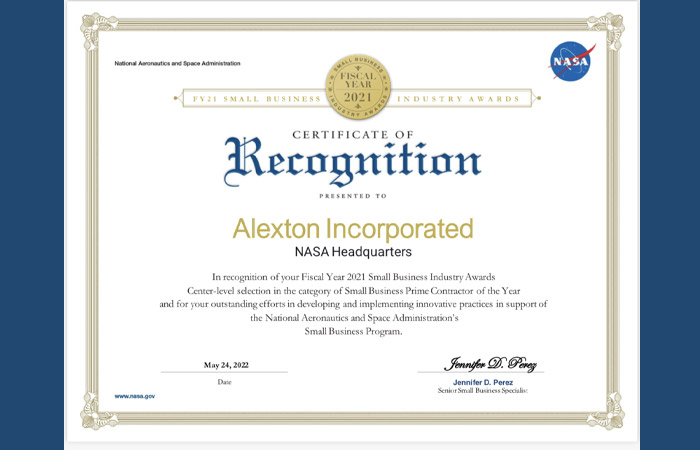 Alexton Incorporated has been voted and selected by the Government as the Small Business Prime Contractor of the Year for Fiscal Year 2021, because of our outstanding delivery, customer care, employee support, retention and innovative solutions.